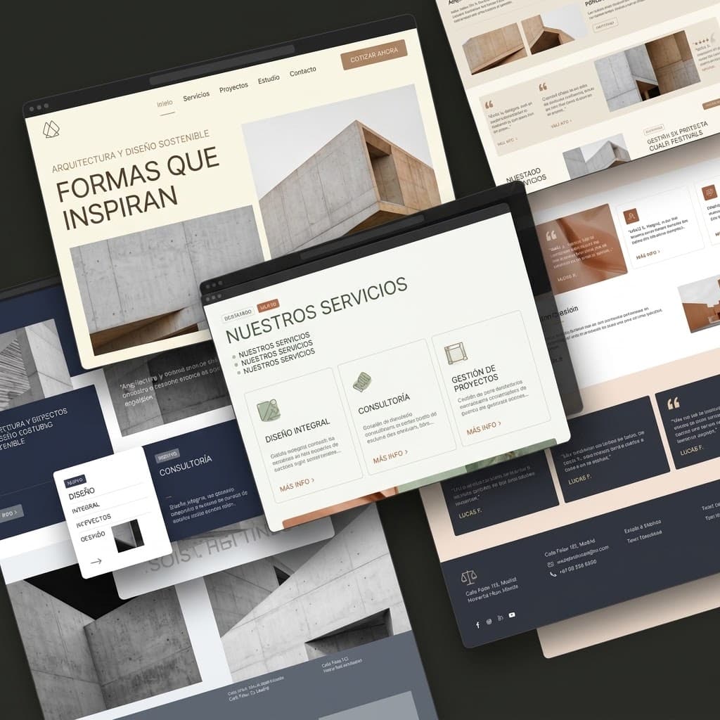 Composición editorial con varias páginas web profesionales de negocios de servicios ya terminadas, superpuestas en perspectiva
